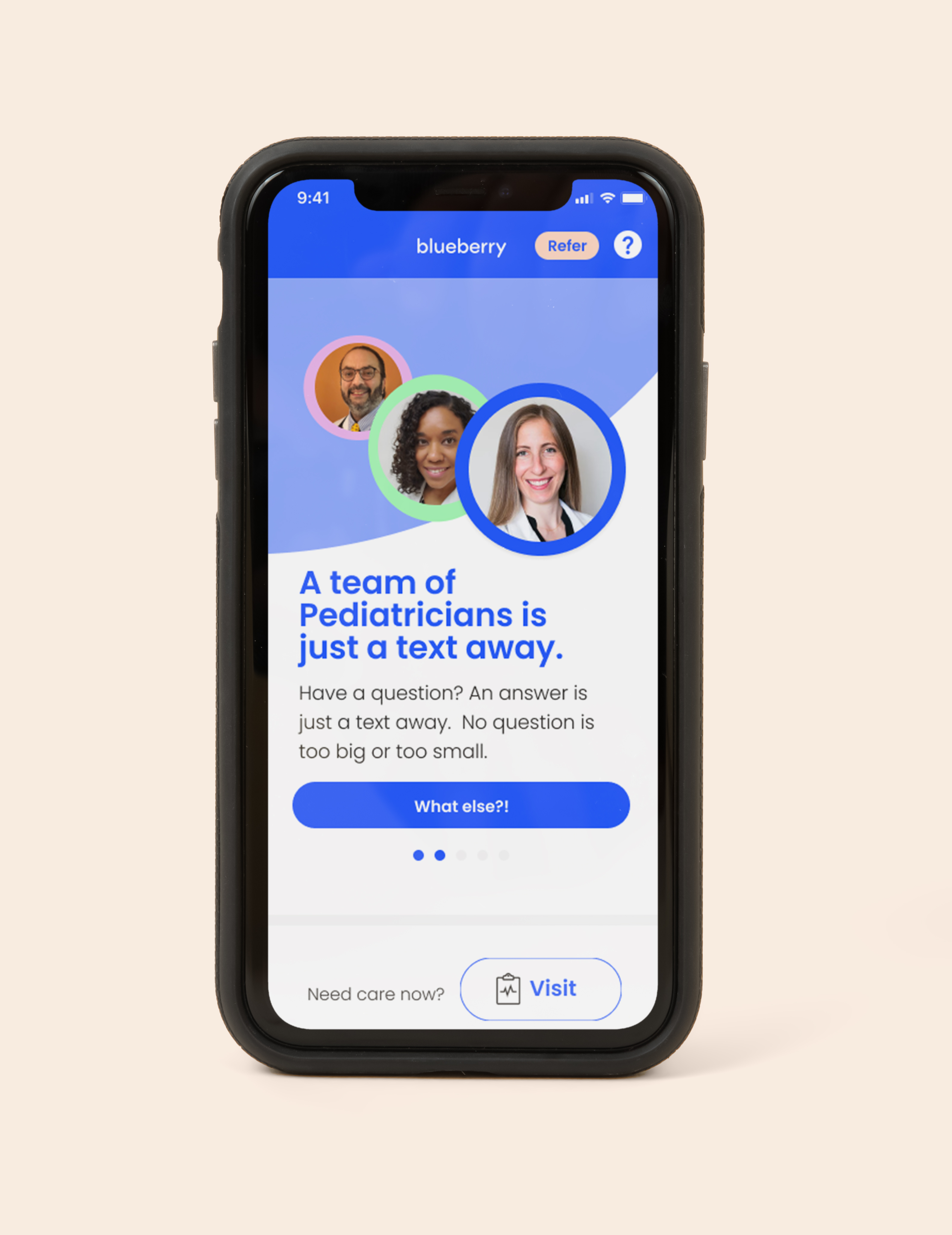 A close up image of a cell phone with the Blueberry Pediatrics homepage on the screen.