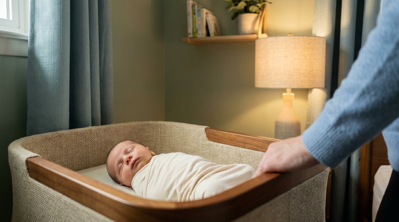 Newborn sleeping peacefully in bassinet with parent's hand nearby — gentle sleep training newborn guidance
