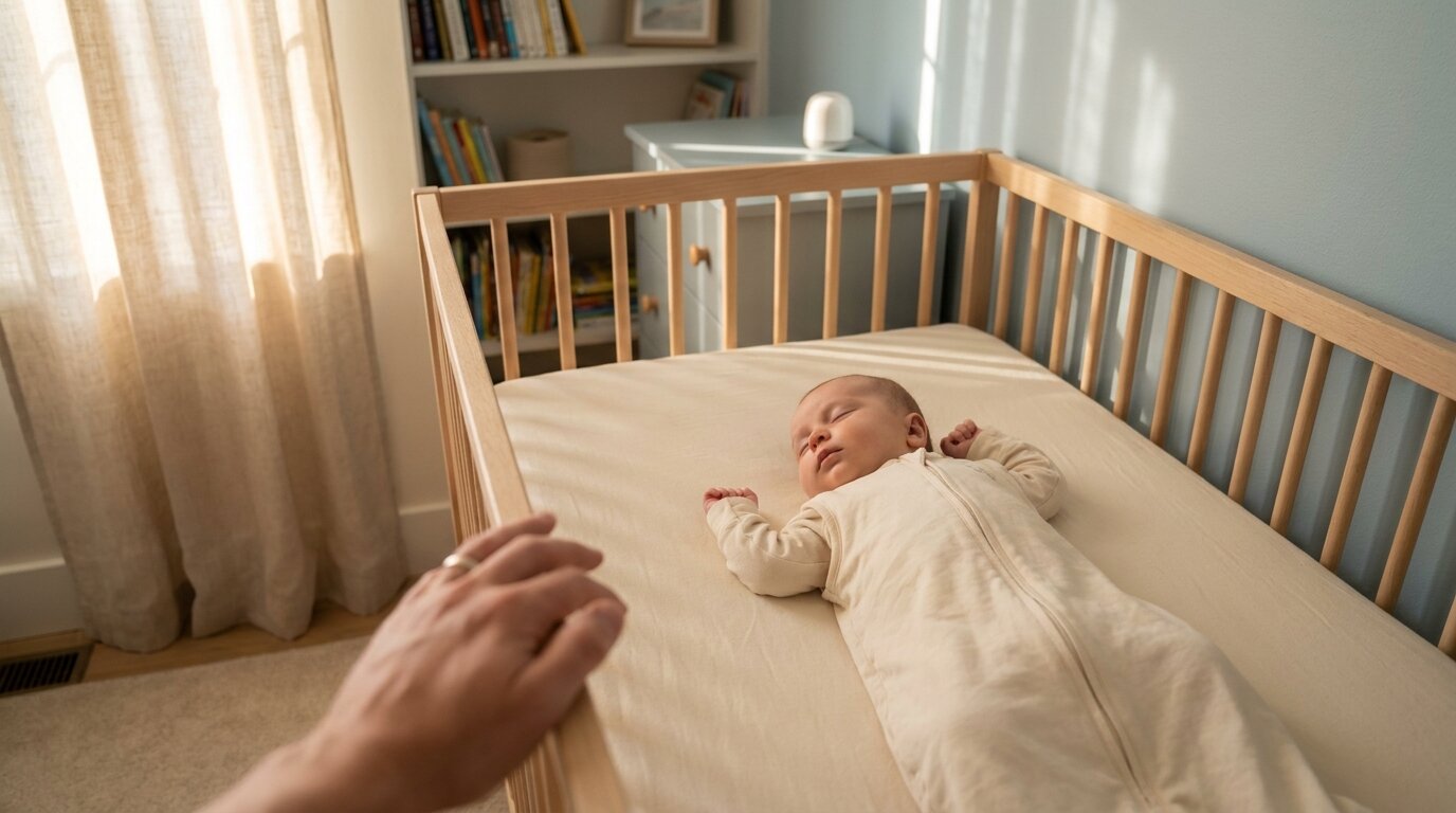 Peacefully sleeping infant in a softly-lit nursery with a parent's hand on the crib rail nearby, illustrating safe infant sleep.