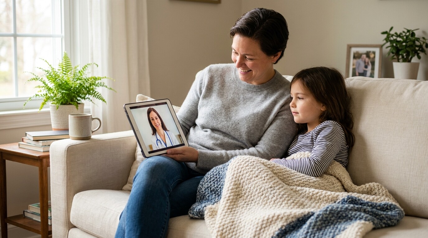 Parent and child at home on a telehealth video visit with a pediatrician to get a doctor's note for school absence
