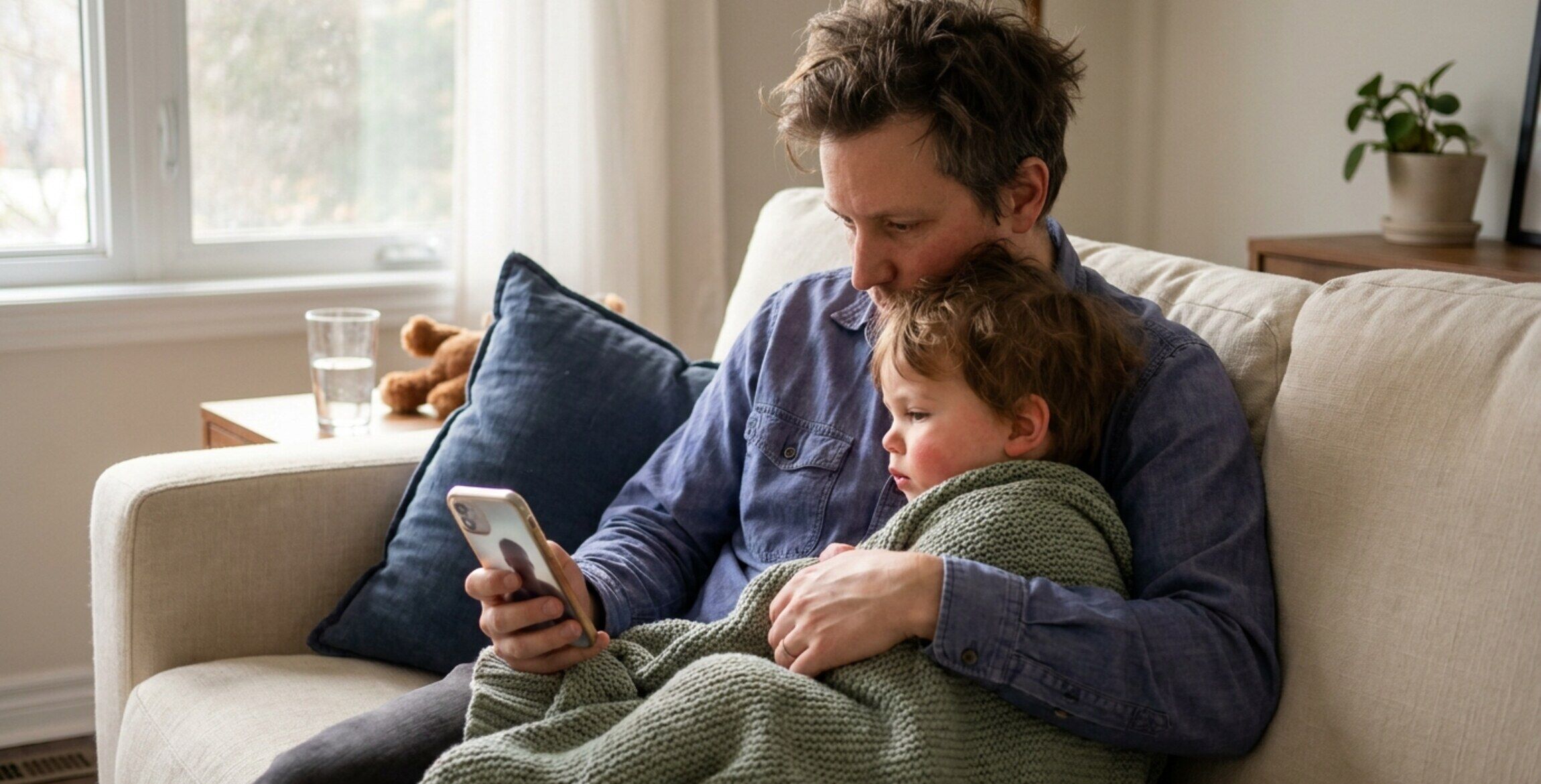 A parent sits on a cream-colored couch and gently cradles a mildly sick toddler under a sage-green knit blanket while consulting a pediatrician on a phone held in the parent's hand.