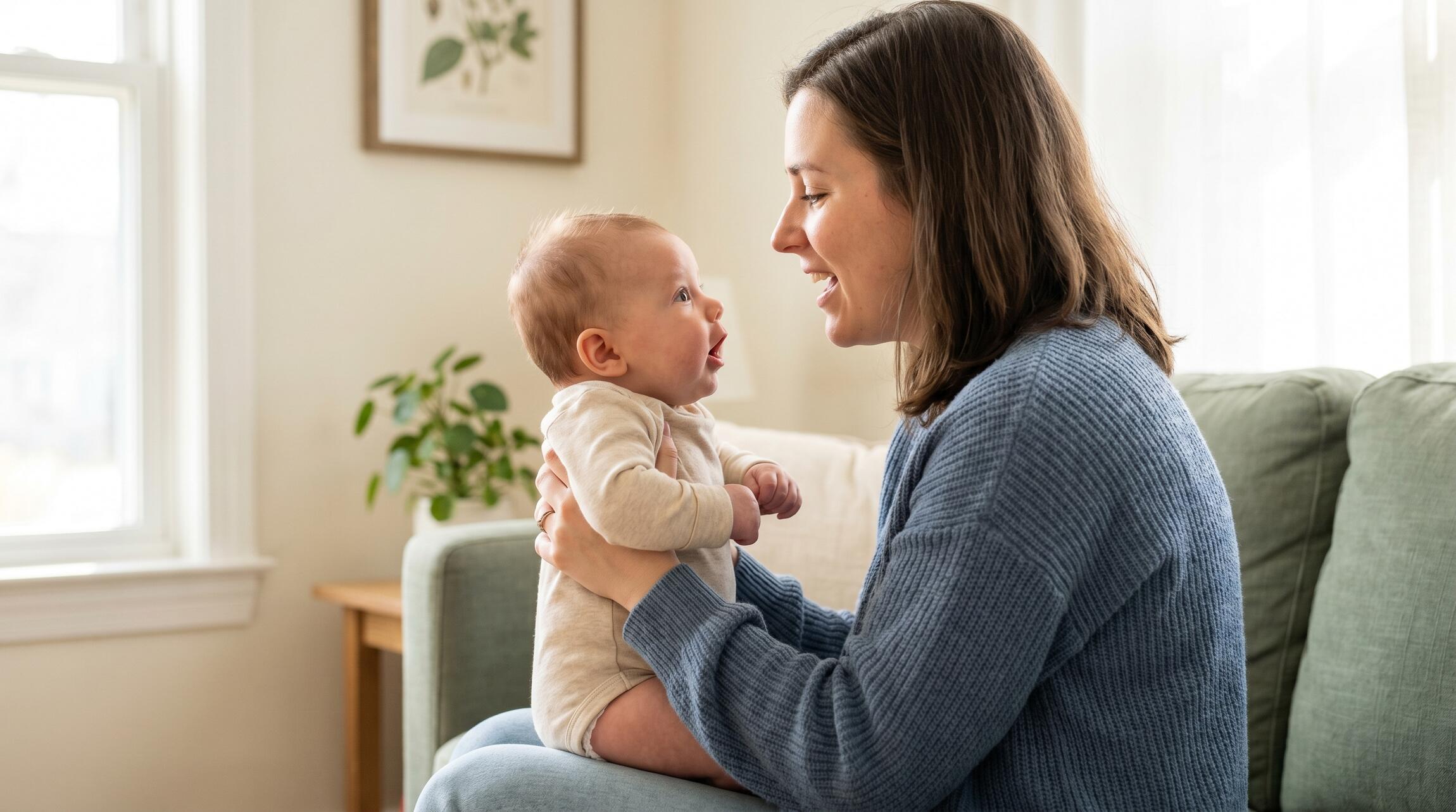 Mother smiling face-to-face with her two-month-old baby as the infant coos, an early serve and return moment in a sunlit home.
