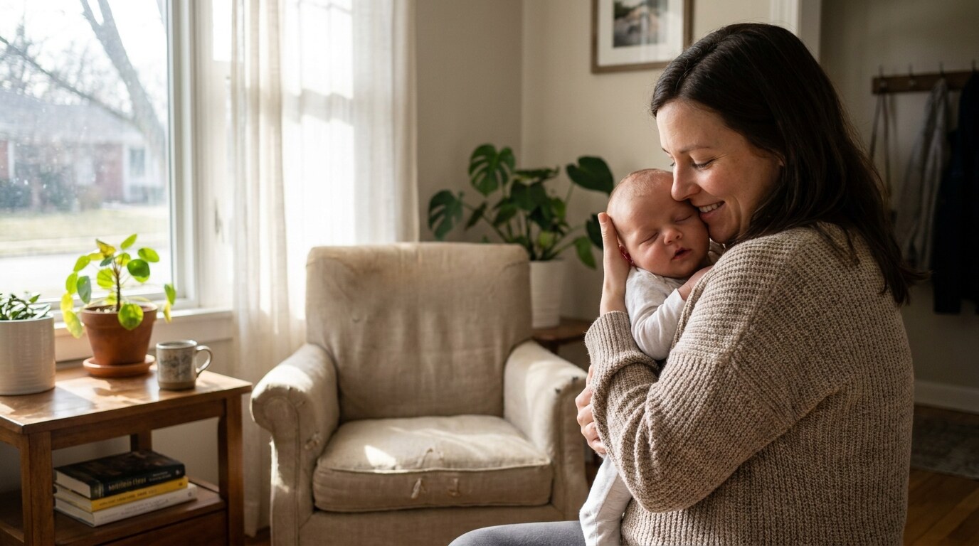 Mother snuggling a sleeping newborn cheek-to-cheek