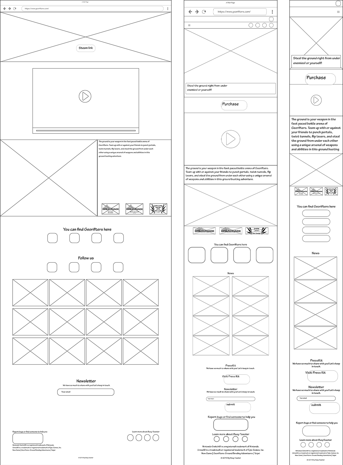 RWD wireframes in desktop, tablet, and mobile version.