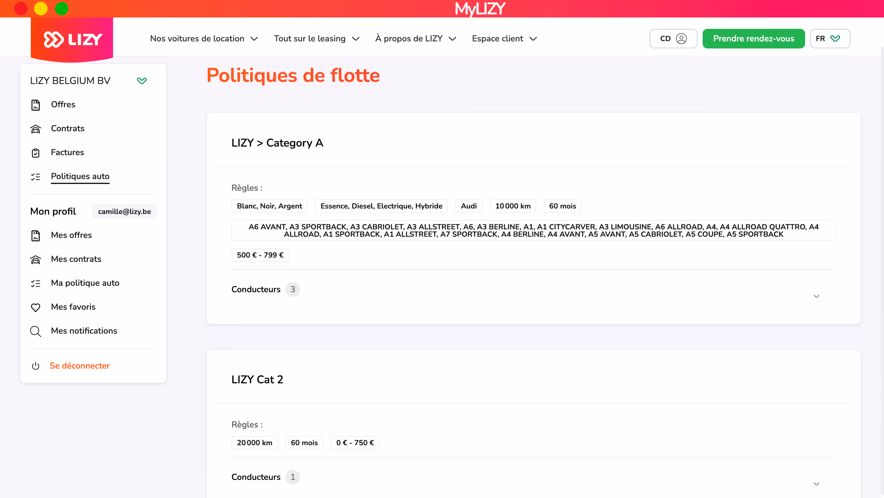 Page web de politiques de flotte du site MyLIZY affichant les règles pour les catégories de voitures avec détails sur modèles, prix, kilométrage et durée.