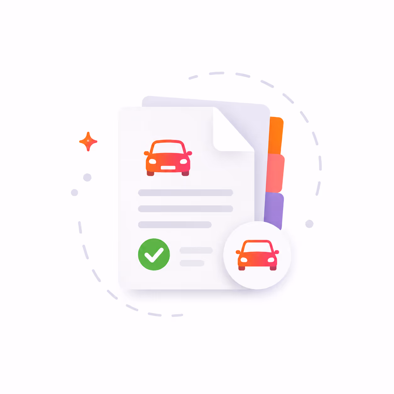 Illustration of a document with a car icon and a green check mark, symbolizing verified car papers.