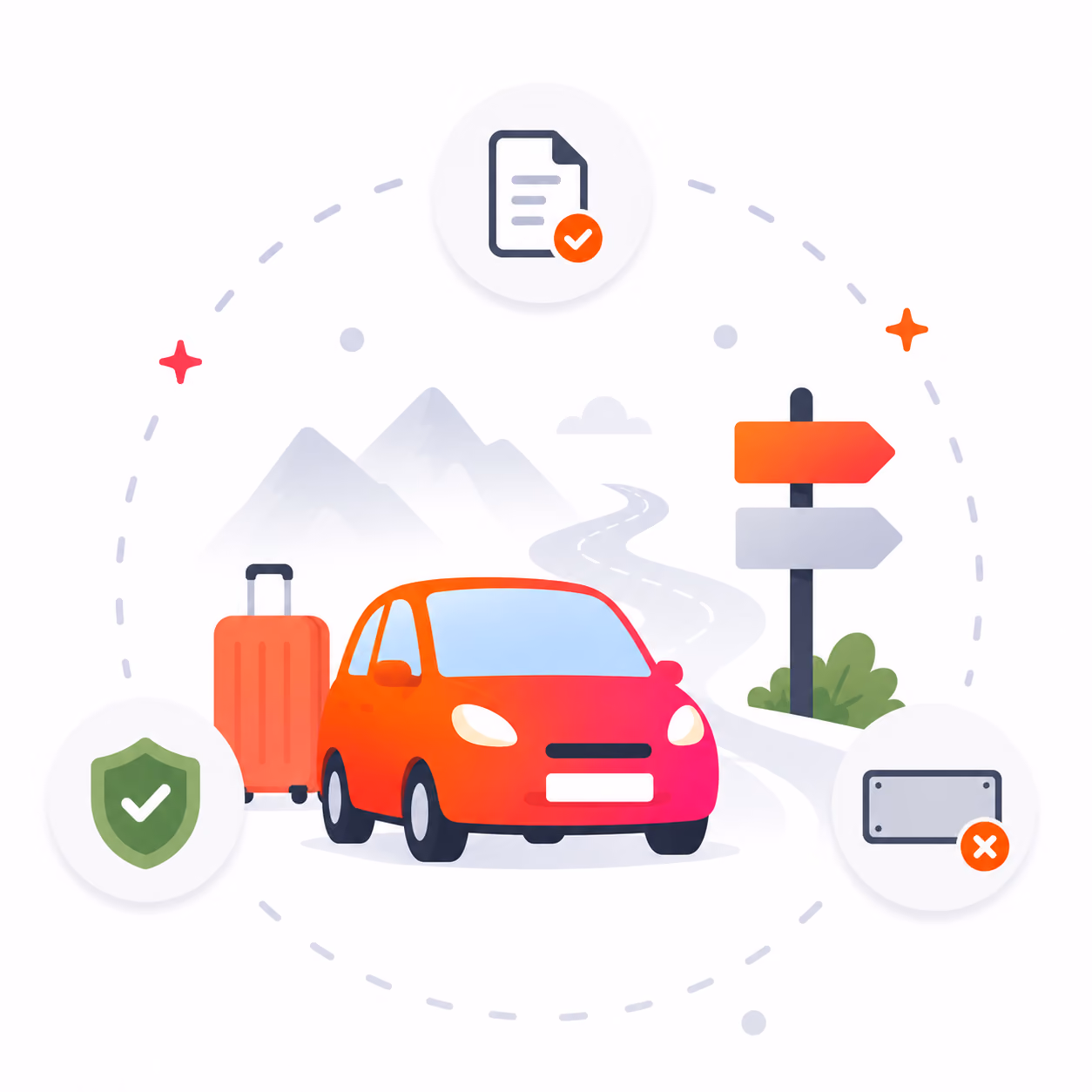 Red car and suitcase on a road with mountains, signs, and icons for documents, insurance, and license plate.