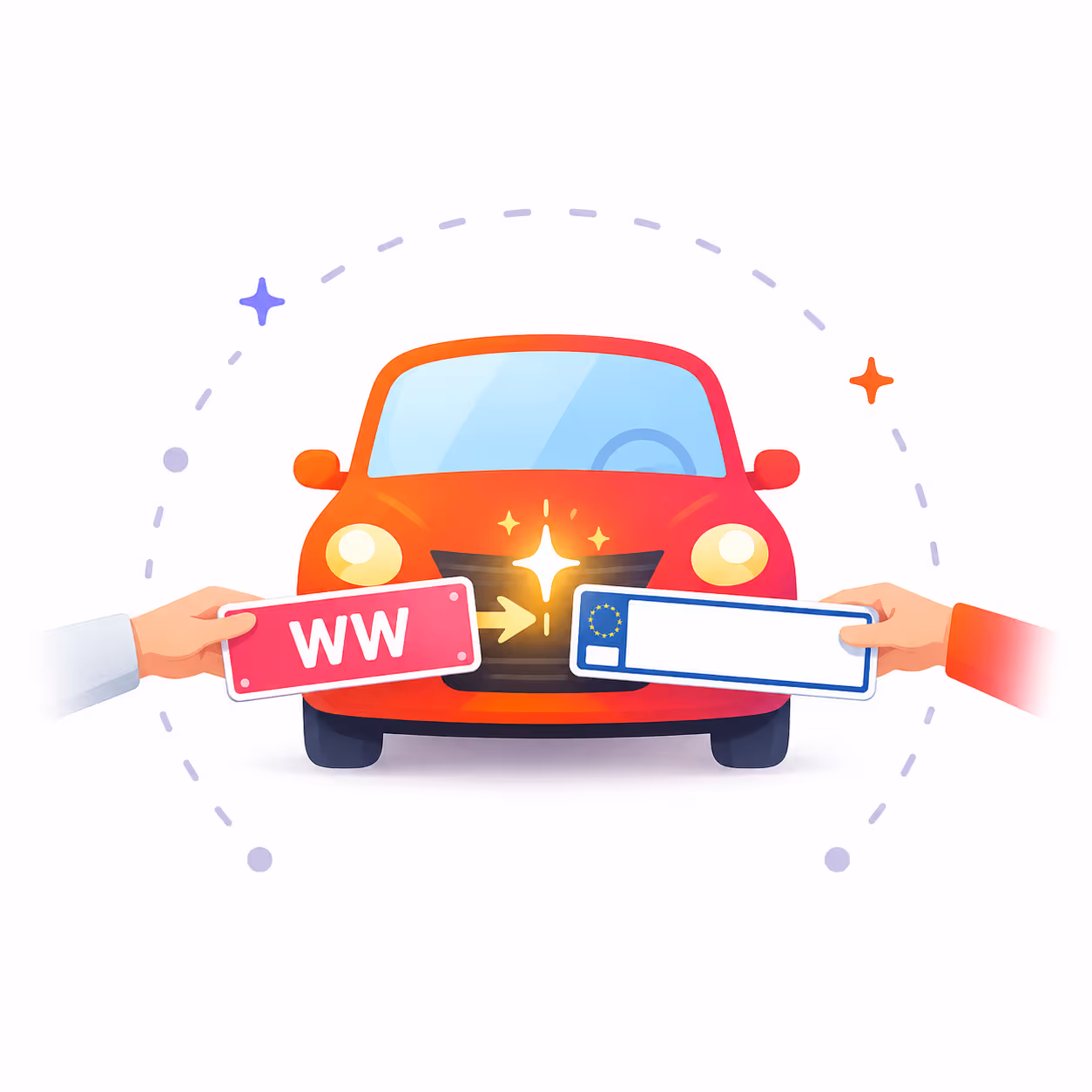 Red car with two hands holding temporary and permanent European-style license plates.