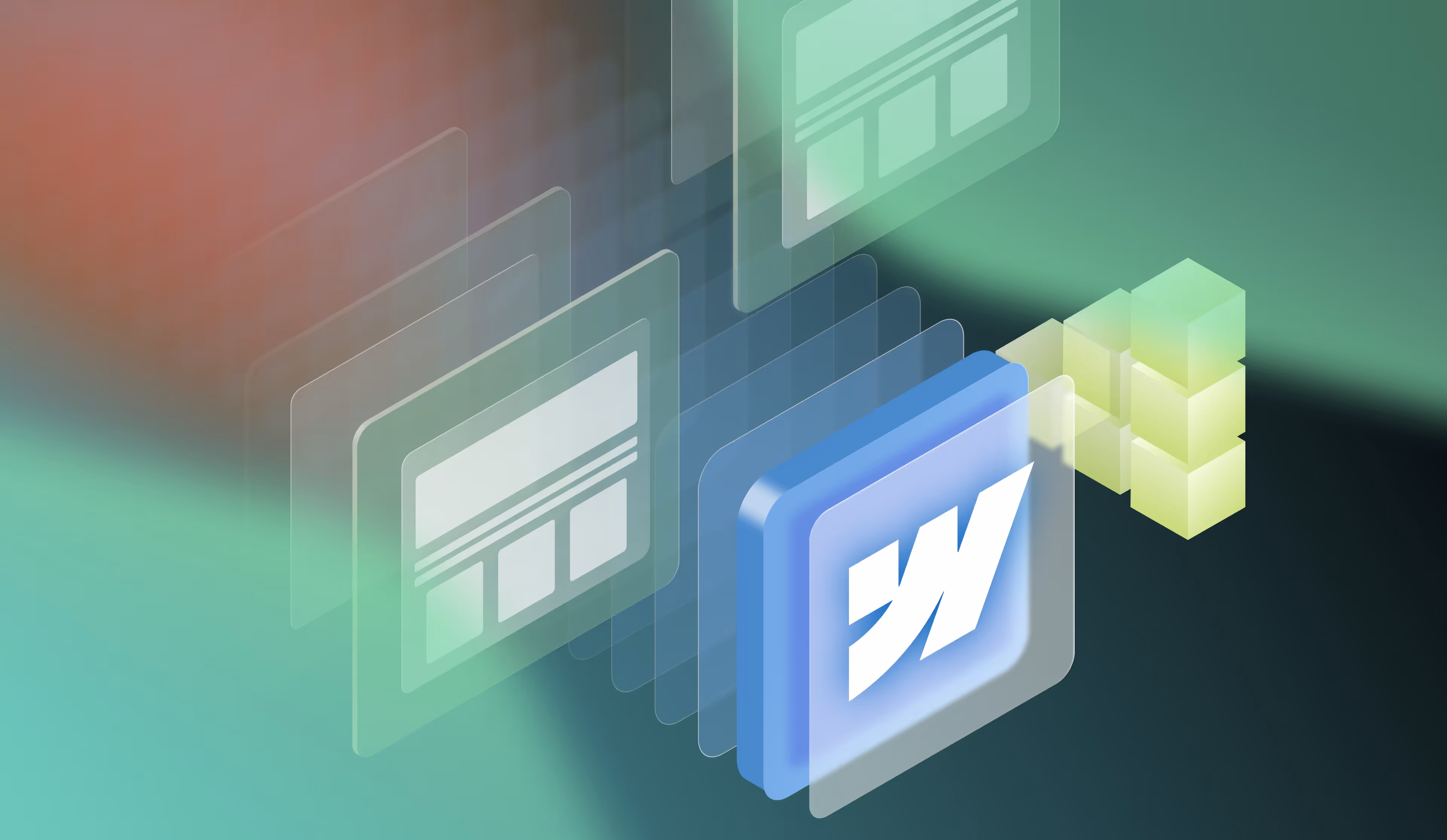 Abstract digital illustration featuring a blue-tinted three-dimensional "W" icon surrounded by overlapping translucent tablet shapes against a green gradient background.