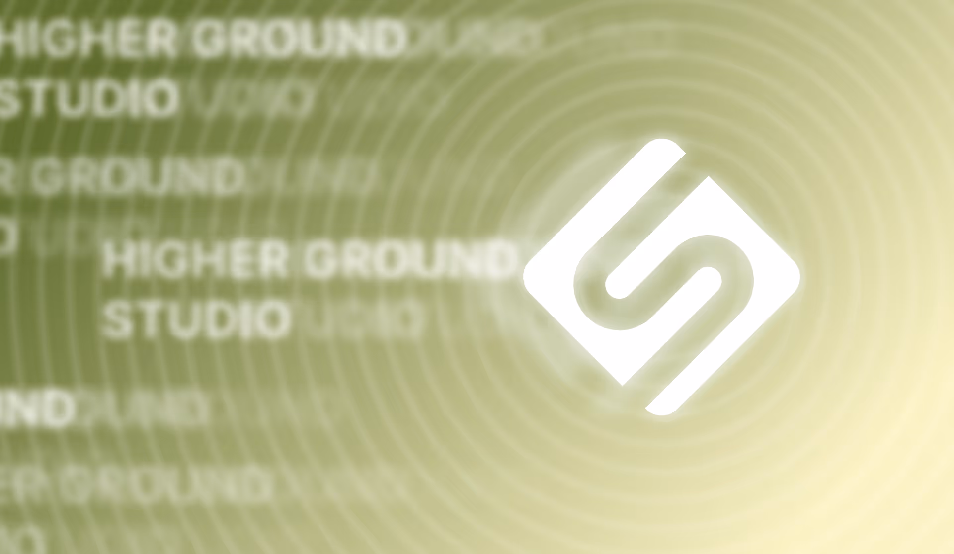 A glowing white logo on a pale green background with radial gradient and blurred text reading "HIGHER GROUND STUDIO," creating a modern, dynamic feel.
