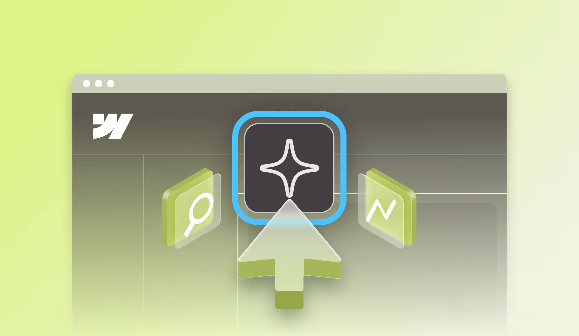 A web interface features a stylized star icon in the center, flanked by a magnifying glass and compass. The backdrop has a green gradient, adding a modern touch.