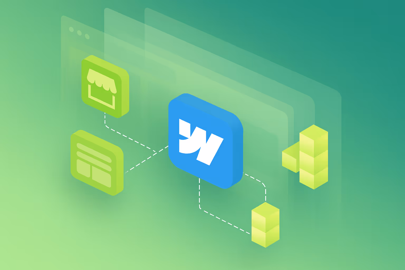 Stylized, green-toned graphic showing a central blue icon with a "W" linked to symbols of a store, webpage, and blocks, suggesting connectivity.