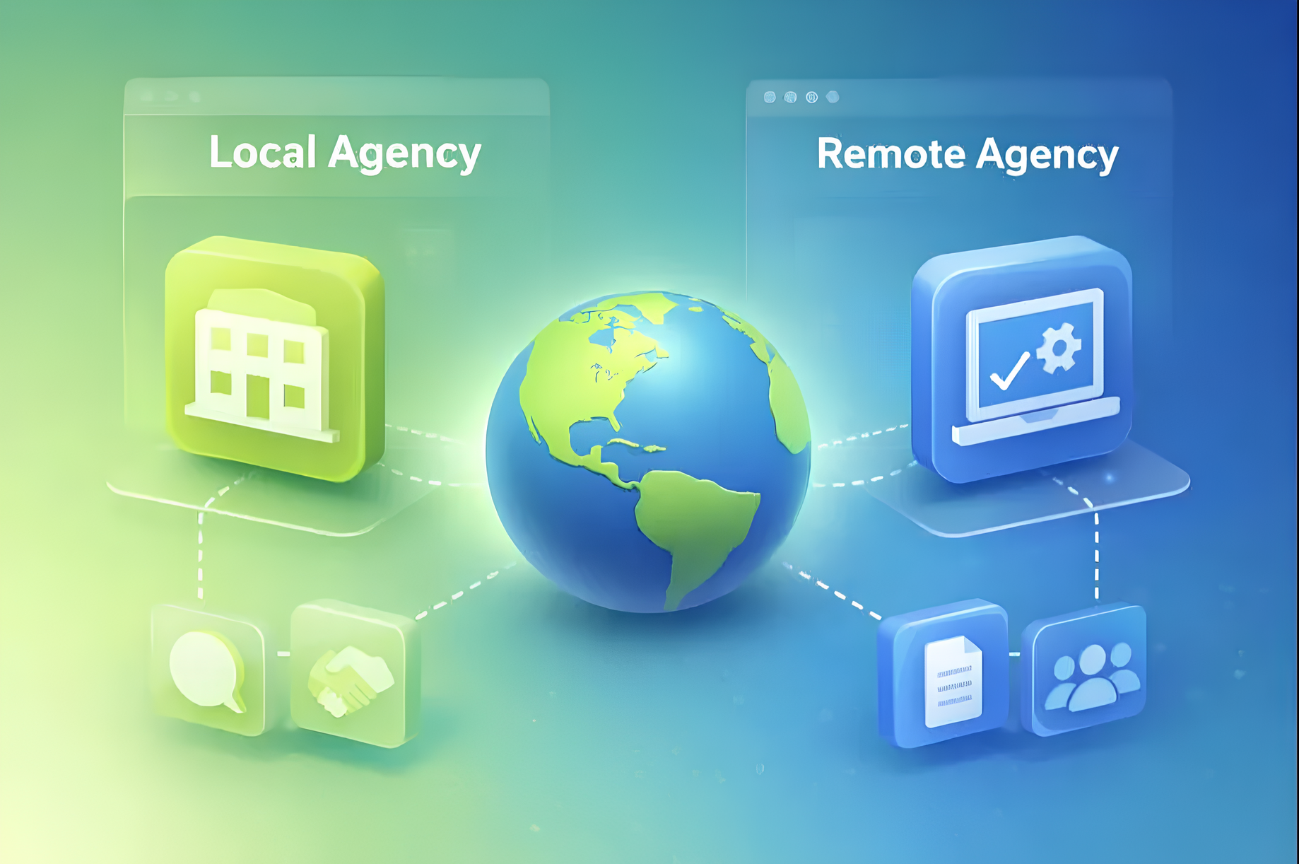 A globe sits in the center with "Local Agency" on the left, showing a building icon, and "Remote Agency" on the right, showing a computer icon. Connected symbols include a chat bubble, handshake, document, and team, illustrating global communication. The tone is collaborative.