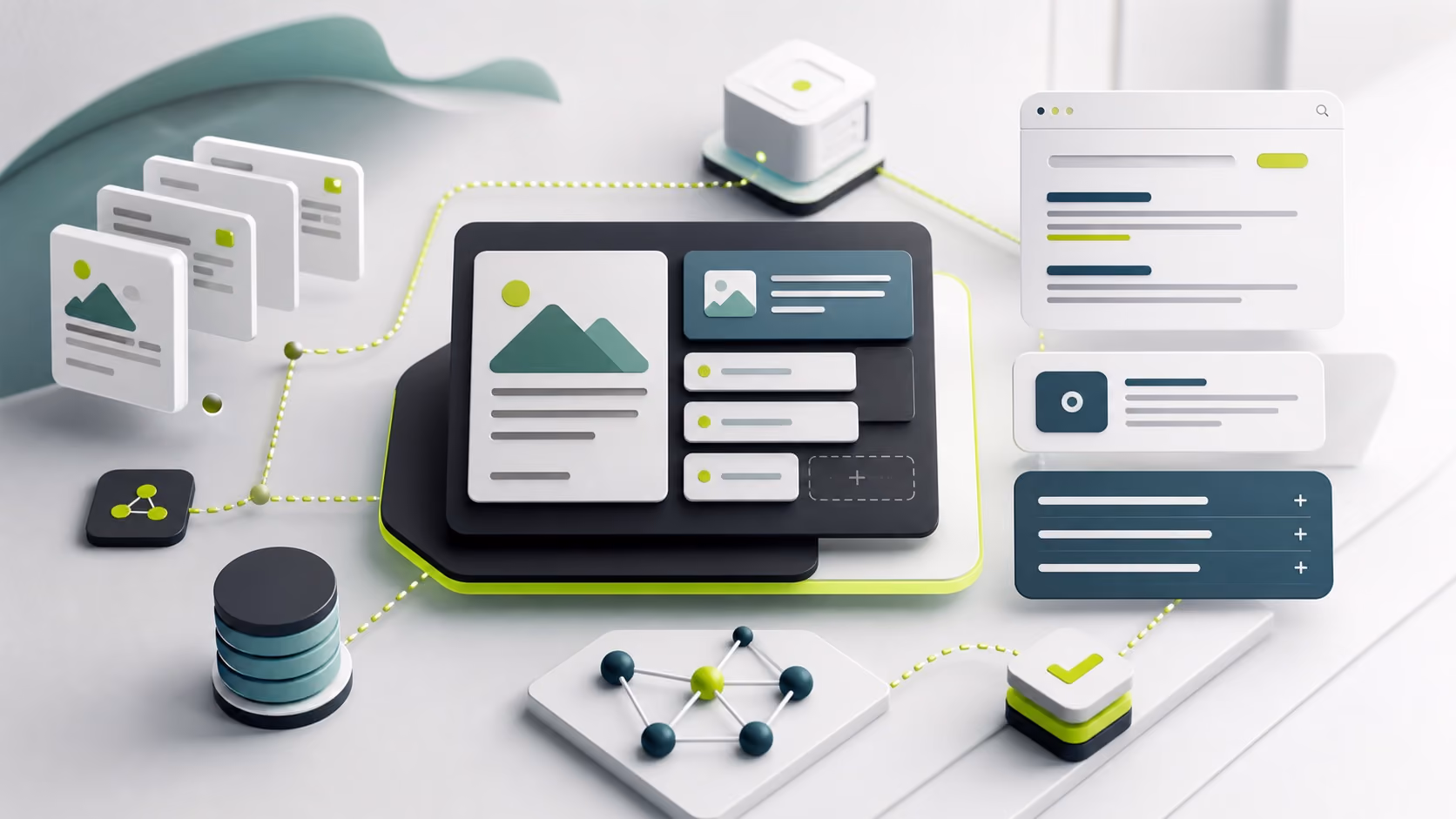 AI-search-ready Webflow CMS architecture with structured content cards, schema nodes, search snippets, and crawler paths.
