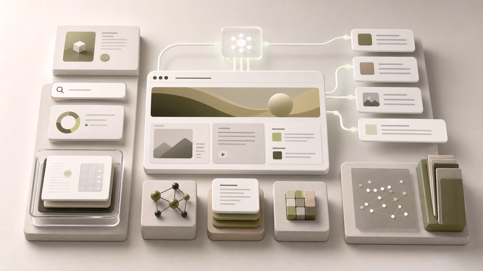 Abstract Webflow AI search visibility workspace with structured content cards, answer snippets, semantic signals, and agent pathways.