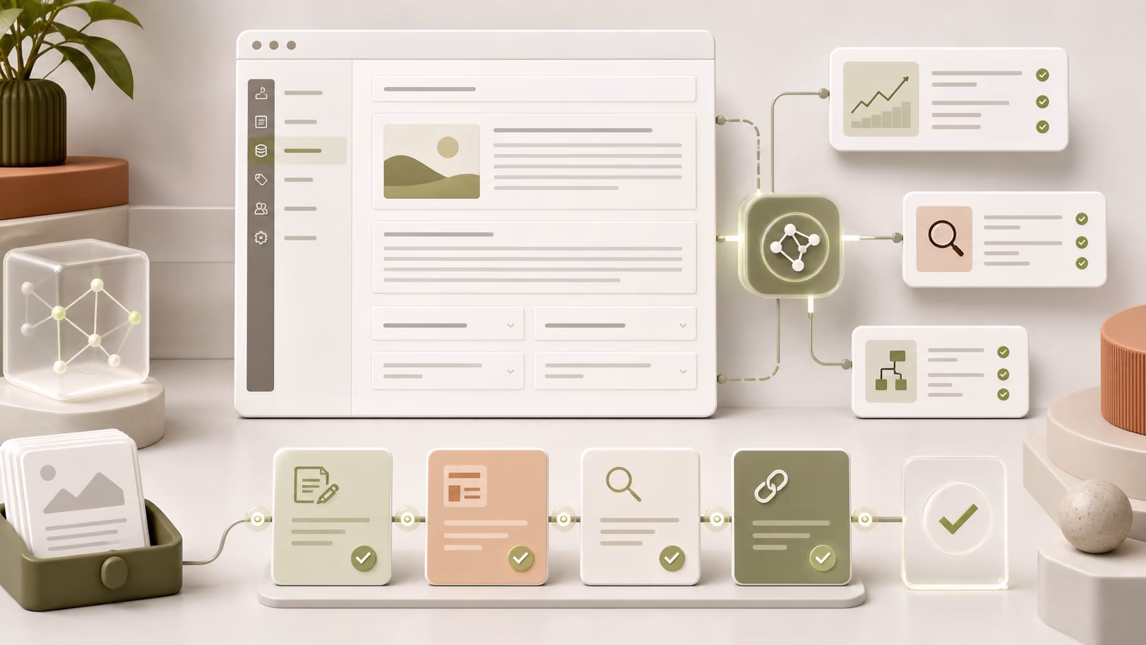 Abstract AI-assisted Webflow CMS workflow with content fields, approval gates, SEO cards, internal links, and a connected assistant node.