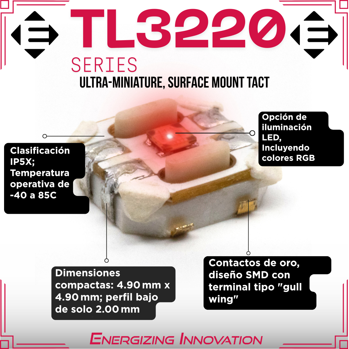 TL3220: Interruptor táctil SMD ultra-miniatura con iluminación LED RGB y contactos de oro