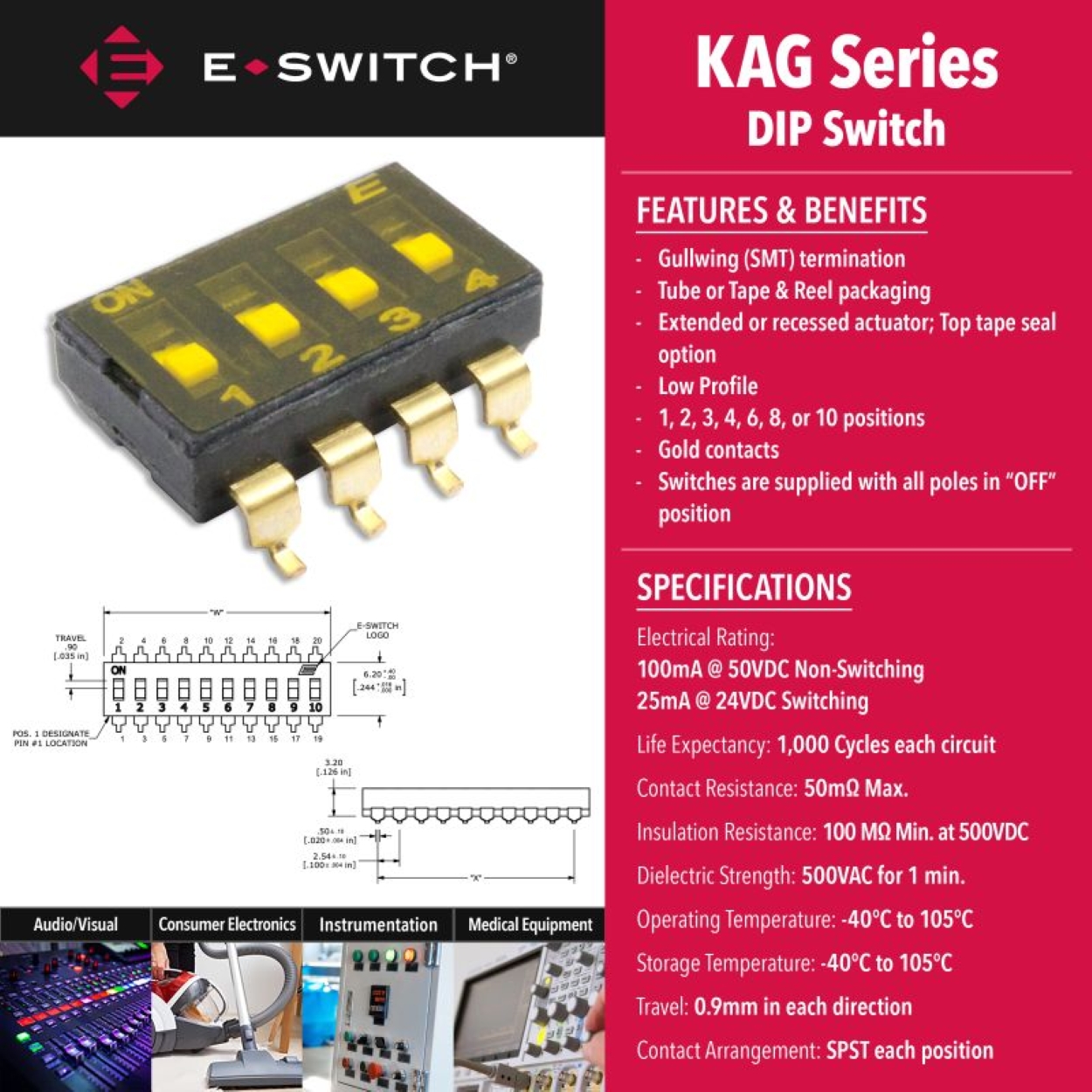 KAG Series de E-Switch: interruptores DIP de bajo perfil para aplicaciones electrónicas