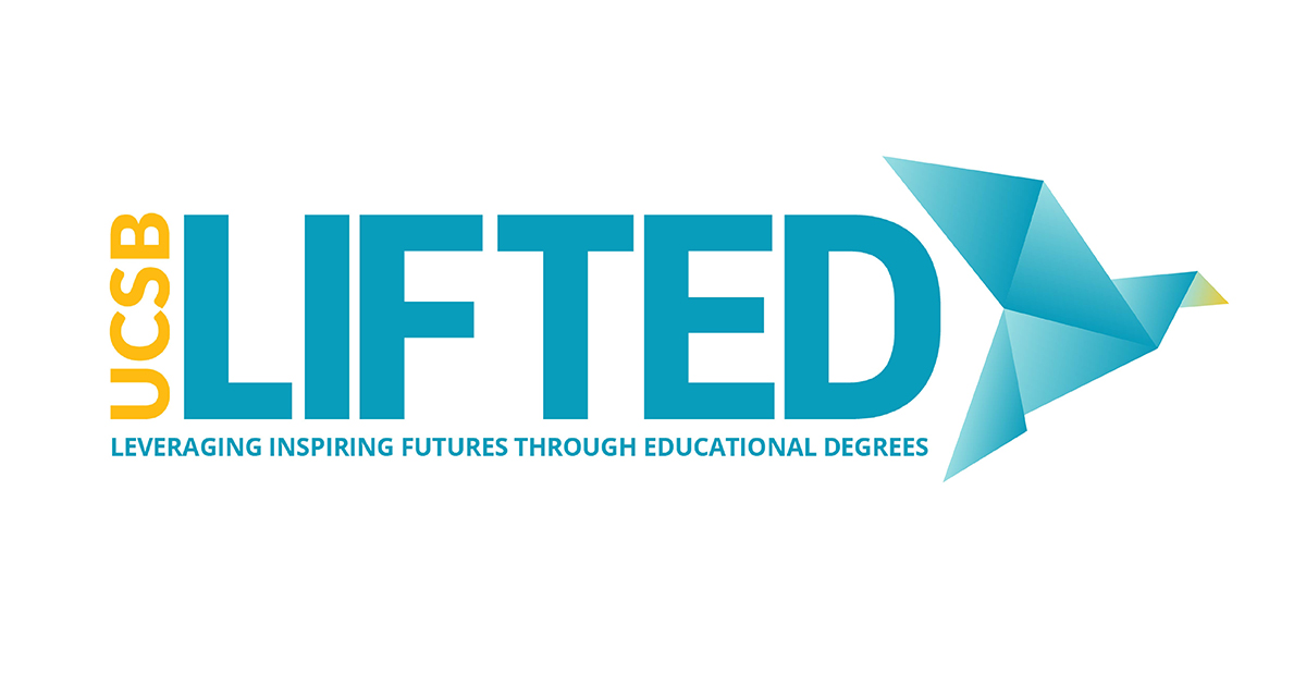 a logo with text "UCSB LIFTED: Leveraging Inspiring Futures Through Educational Degrees" and depicts a bird in a folded paper graphic style