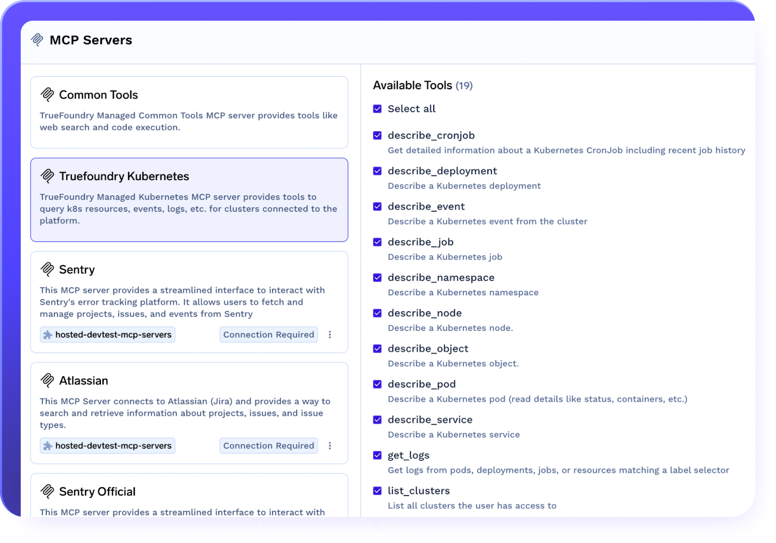 Caption: TrueFoundry's MCP server catalog interface showing available enterprise integrations