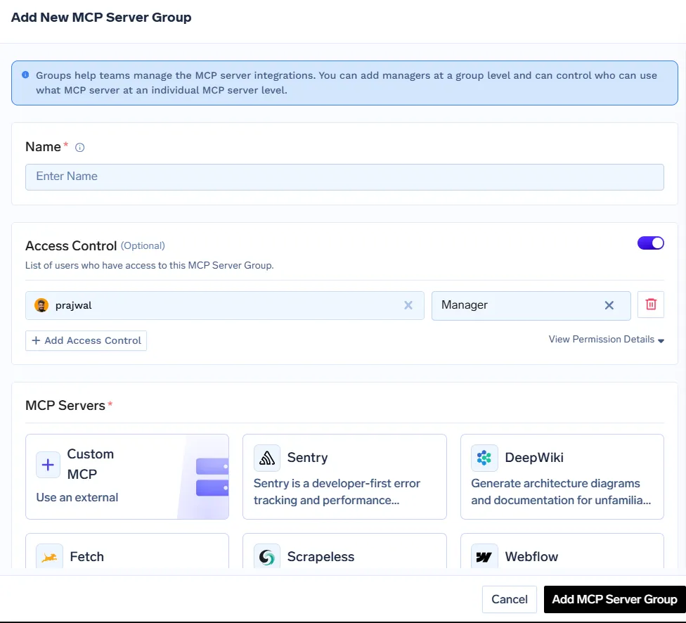 TrueFoundry MCP Registry dashboard showing server groups and access controls