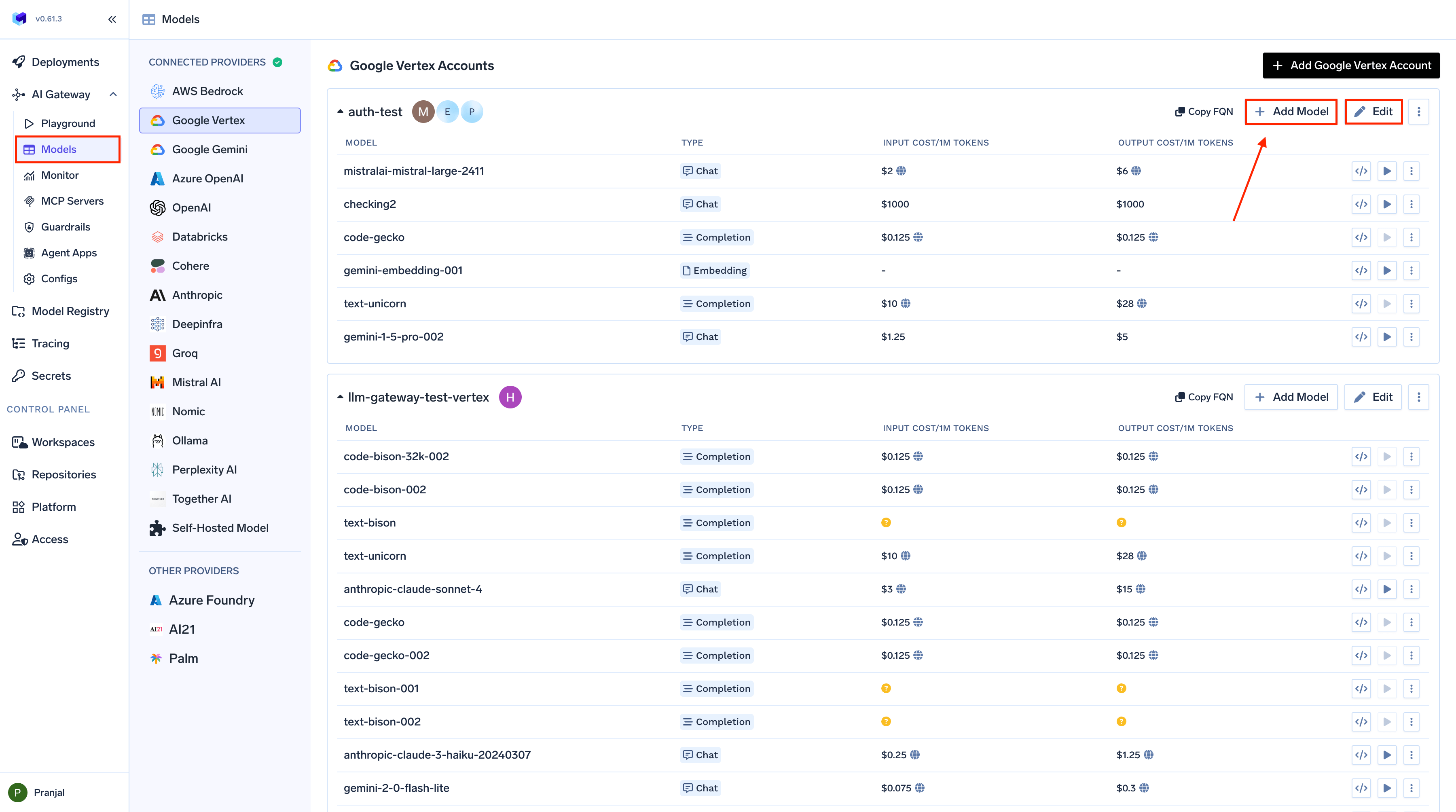 Navigating to Model Cost Configuration Interface