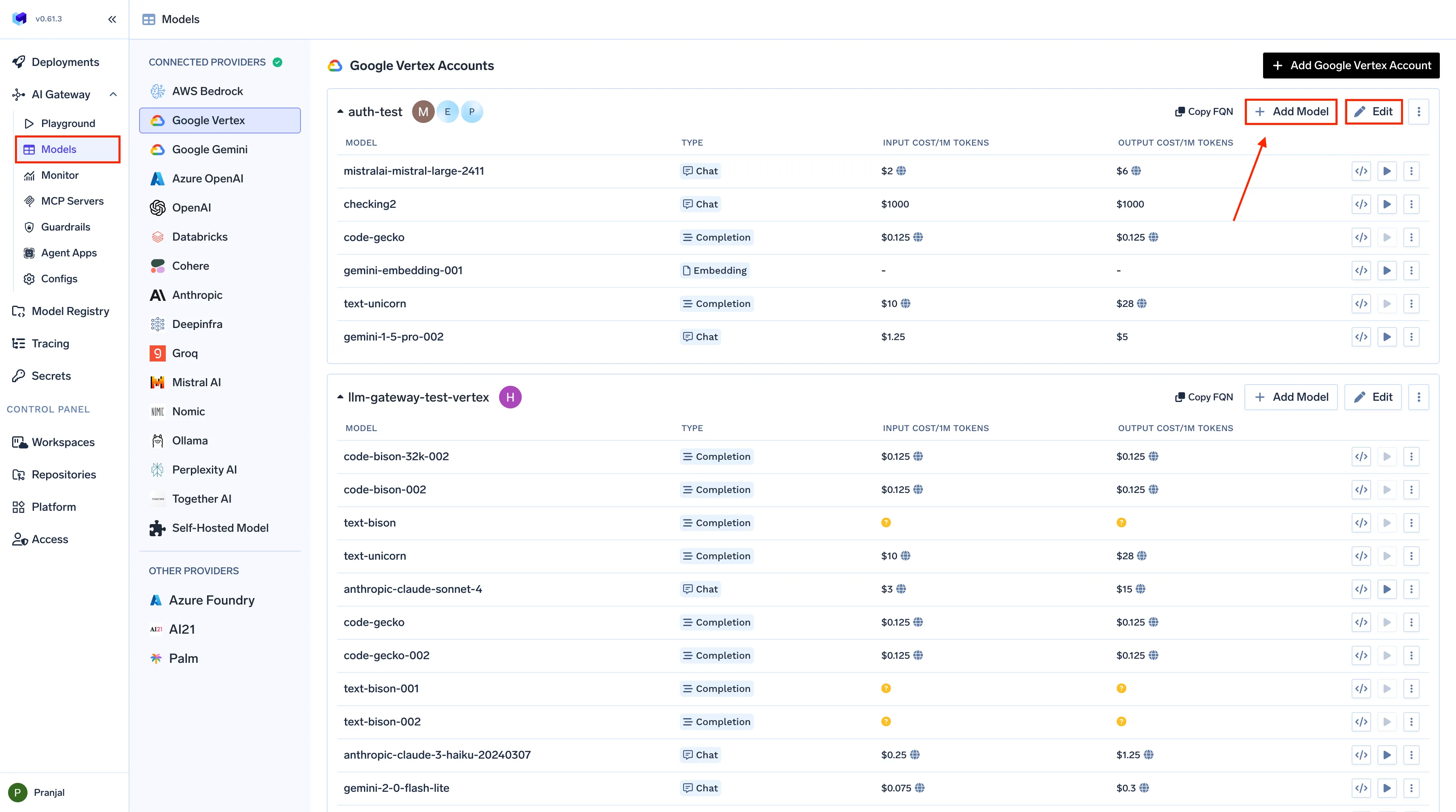 Navigating to Model Cost Configuration Interface