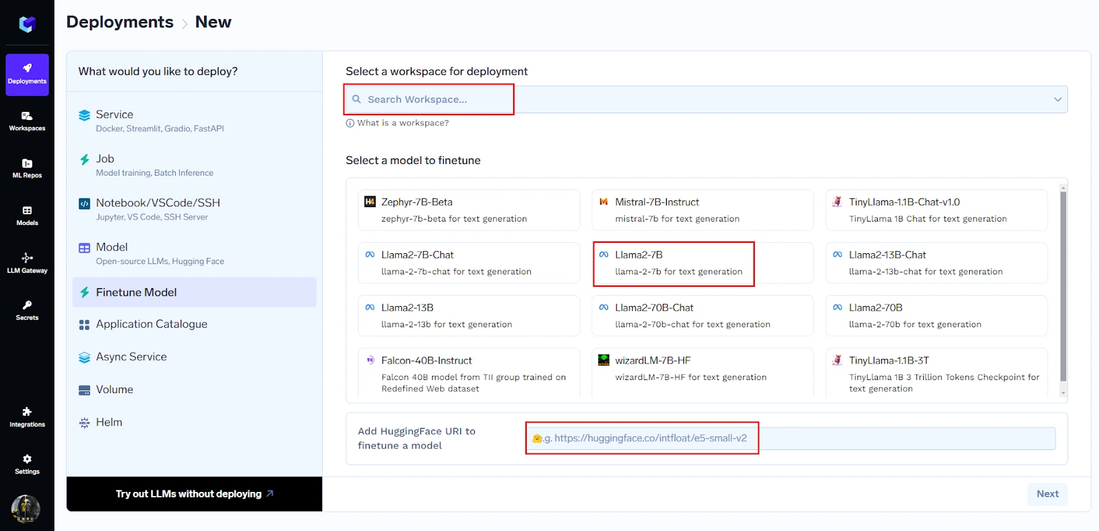 Fine tuning tool interface showing model selection and input fields