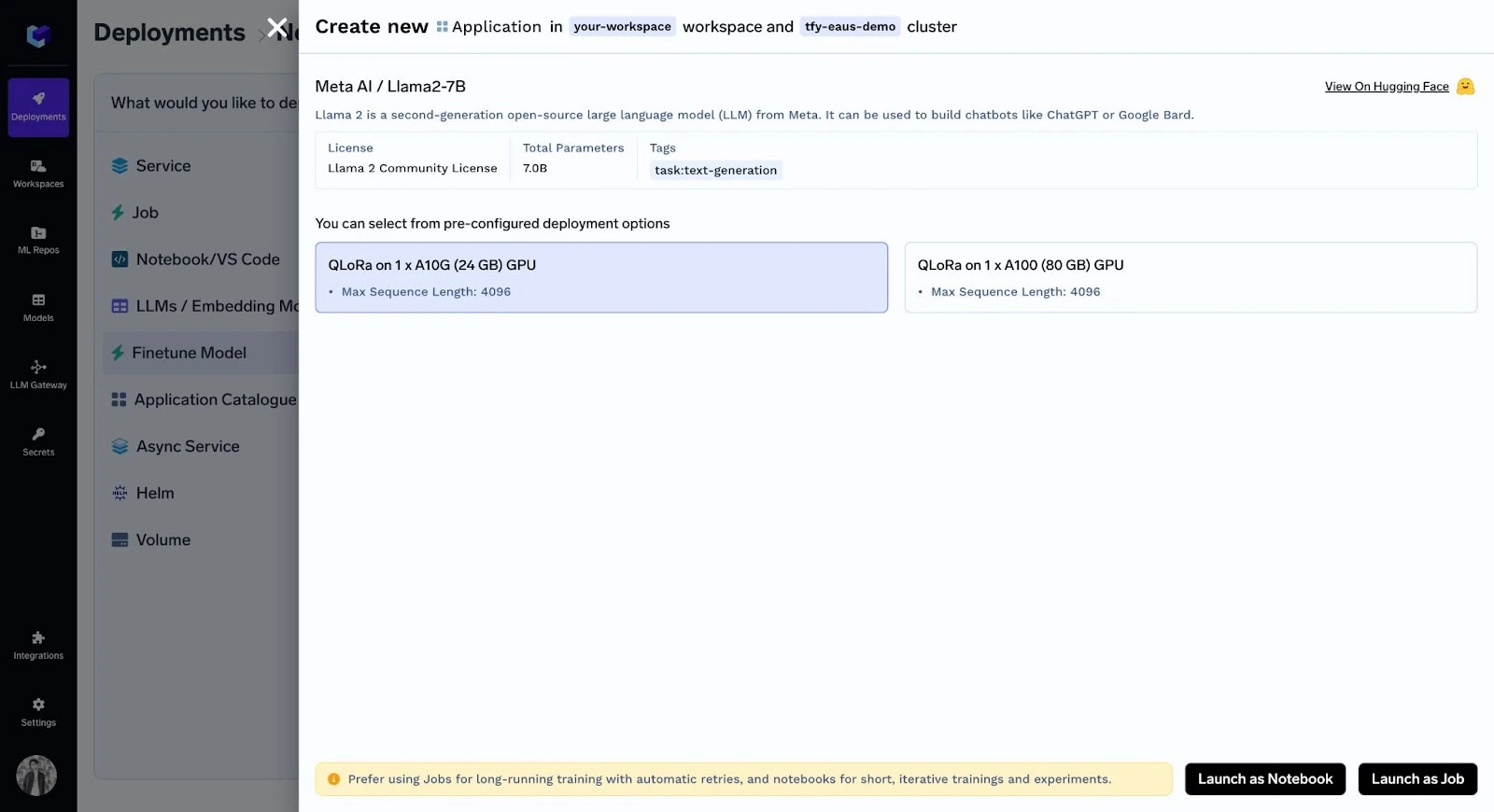 Fine tuning tool interface showing configuration options for model training
