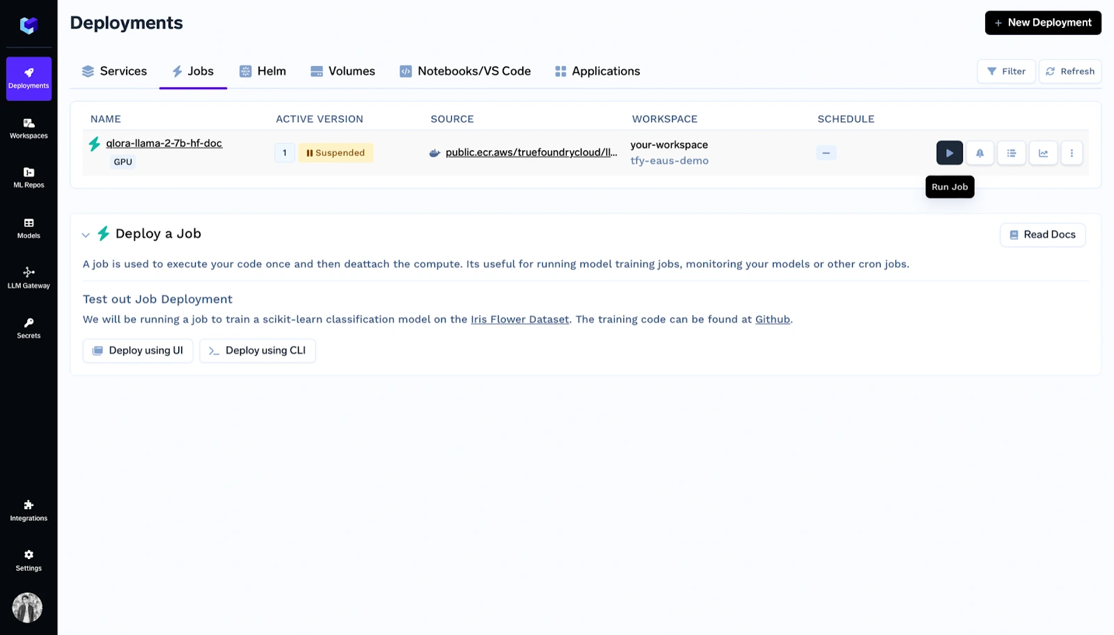 Fine tuning tool dashboard showing job deployment and execution status