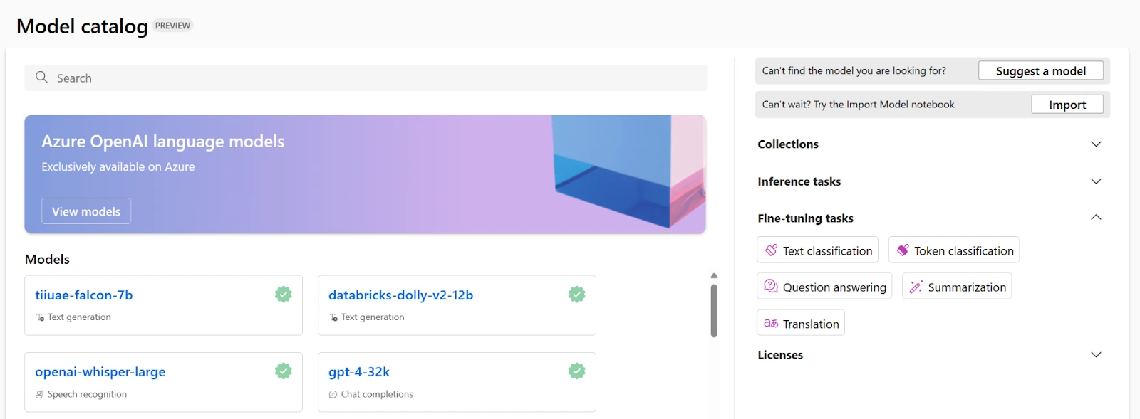 Fine tuning tool interface showing model catalog and task filters