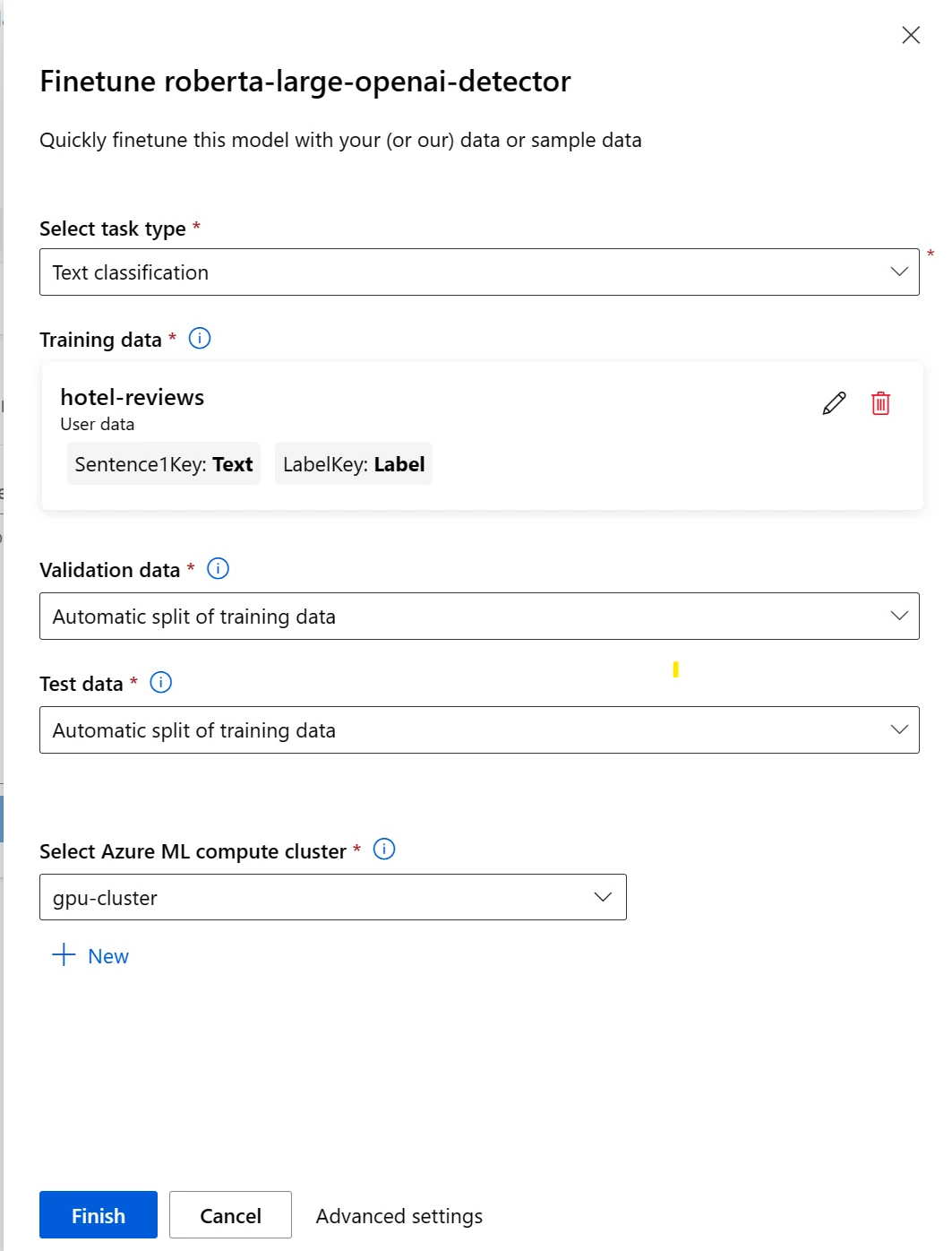 Fine tuning tool interface showing training and validation setup