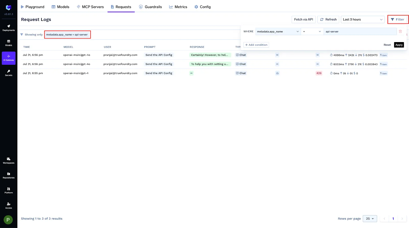 Truefoundry’s observability metadata interface