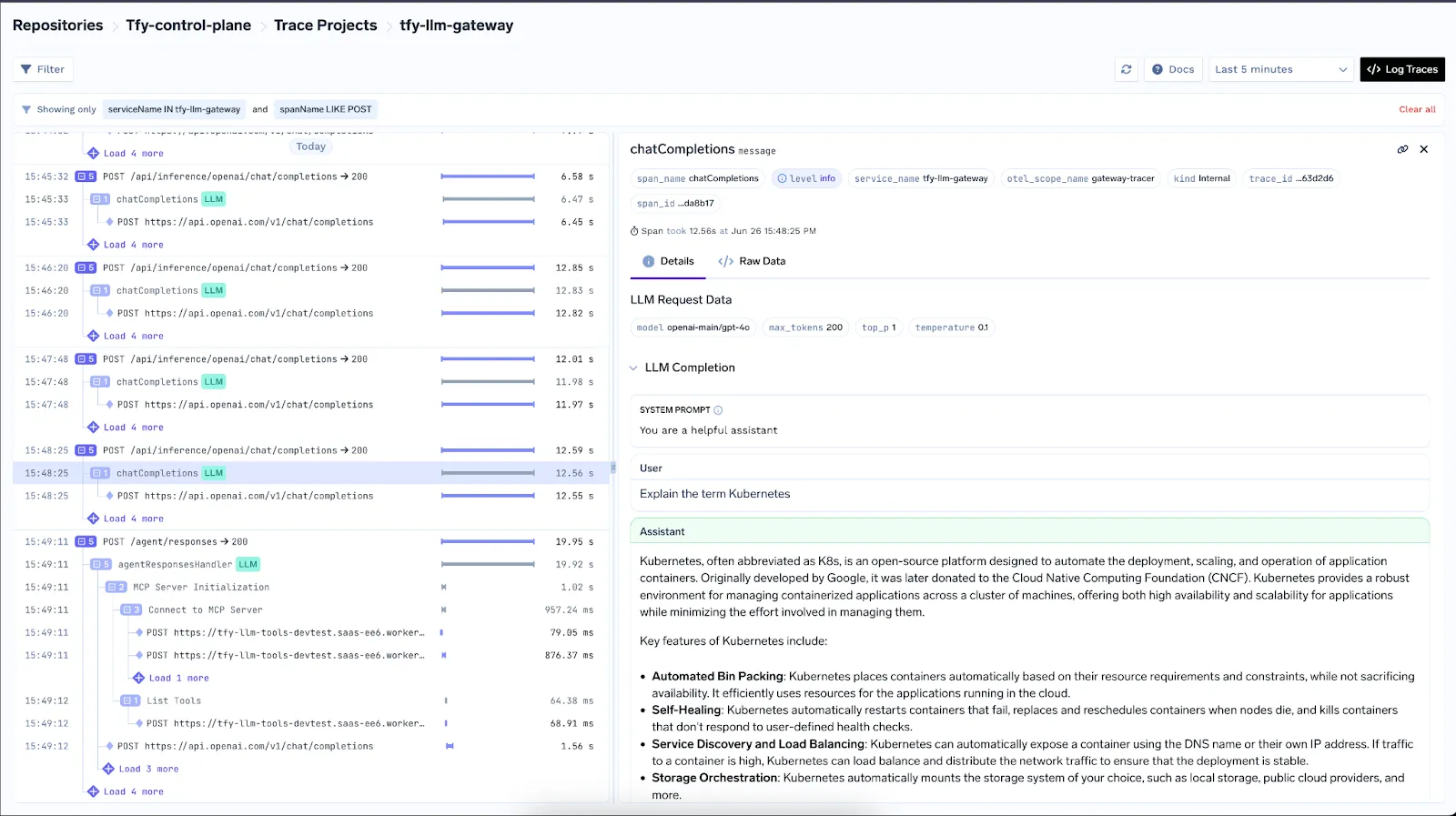 Truefoundry’s AI gateway observability dashboard showing LLM trace logs