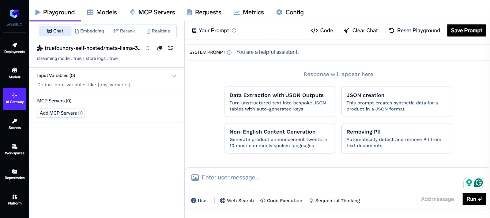 Truefoundry enterprise AI/LLM gateway playground