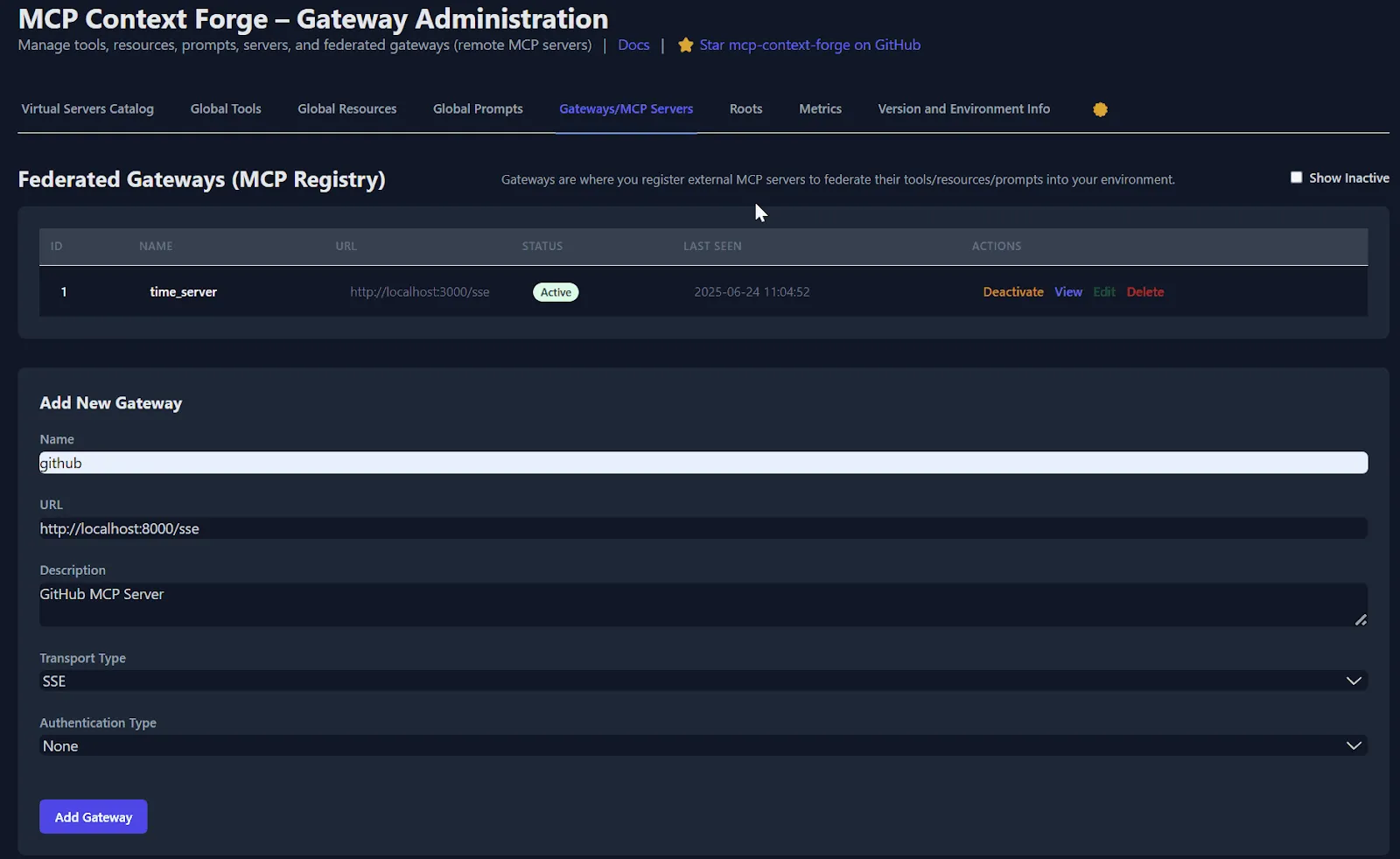 IBM MCP Context Forge gateway admin dashboard showing federated MCP servers configuration