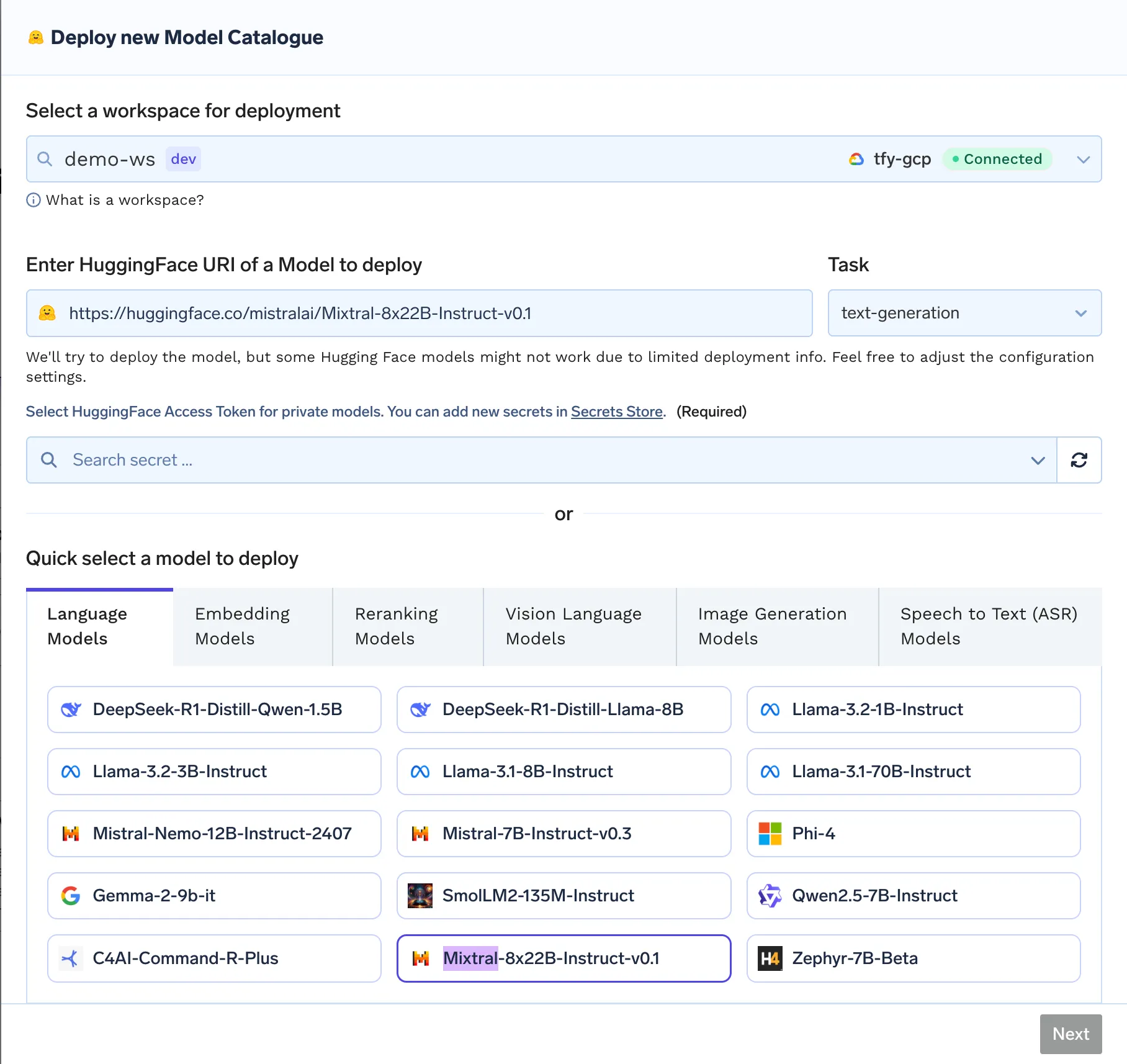 Truefoundry’s LLM model deployment dashboard for self-hosted models with governance and cost tracking