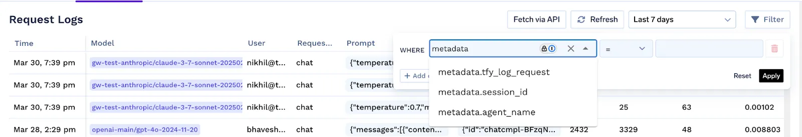 AI request logs filtered by metadata with prompt details and model usage