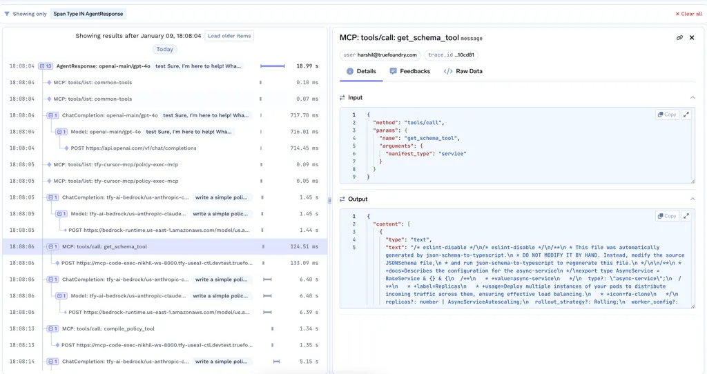  LLM observability interface displaying system logs