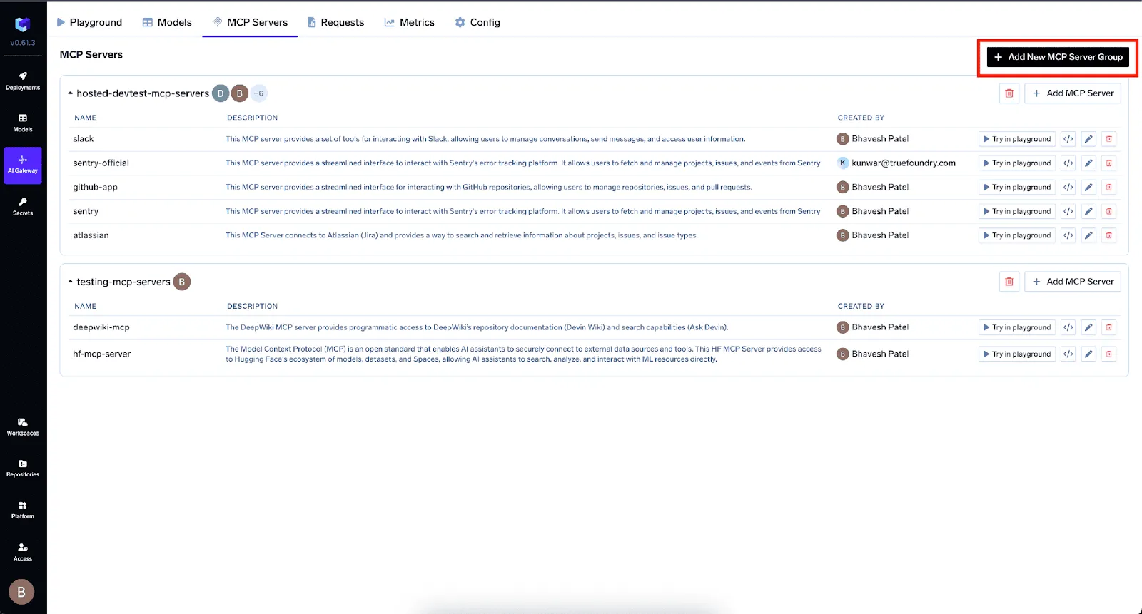 TrueFoundry AI Gateway MCP Servers management interface
