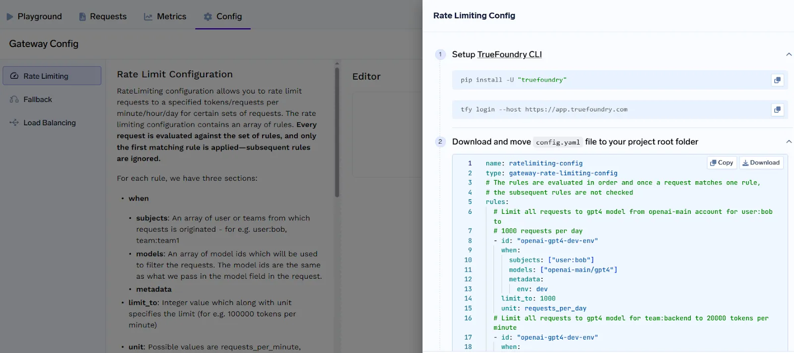 TrueFoundry rate limiting config UI with CLI setup and YAML rules for LLM gateway