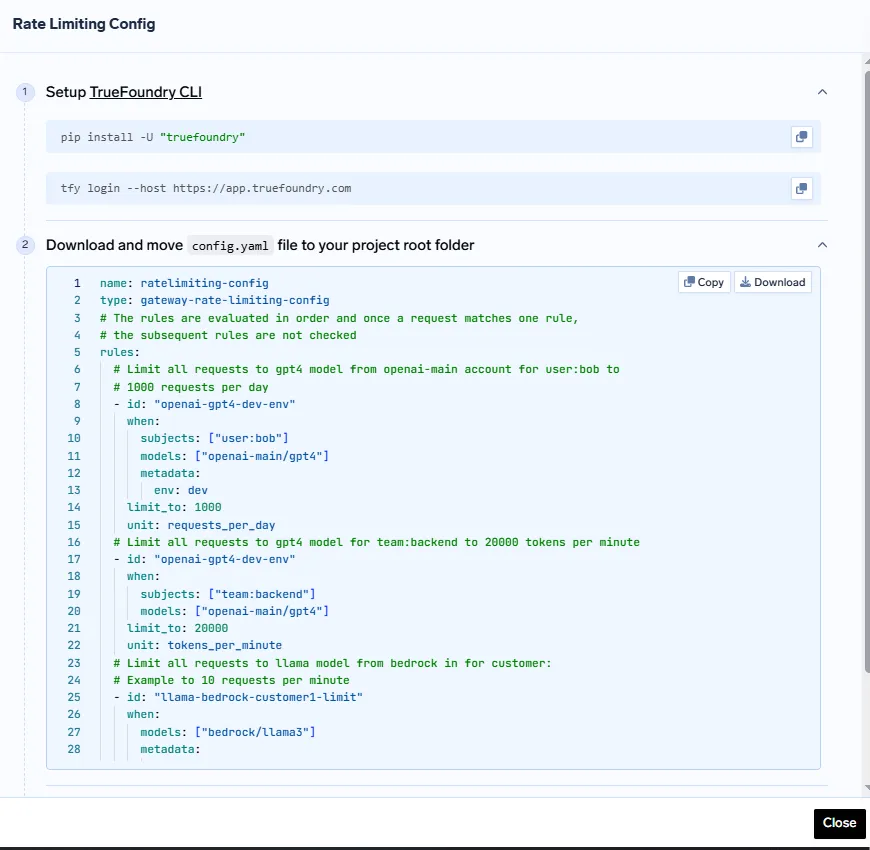 TrueFoundry rate limiting config YAML setup for AI gateway request and token limits