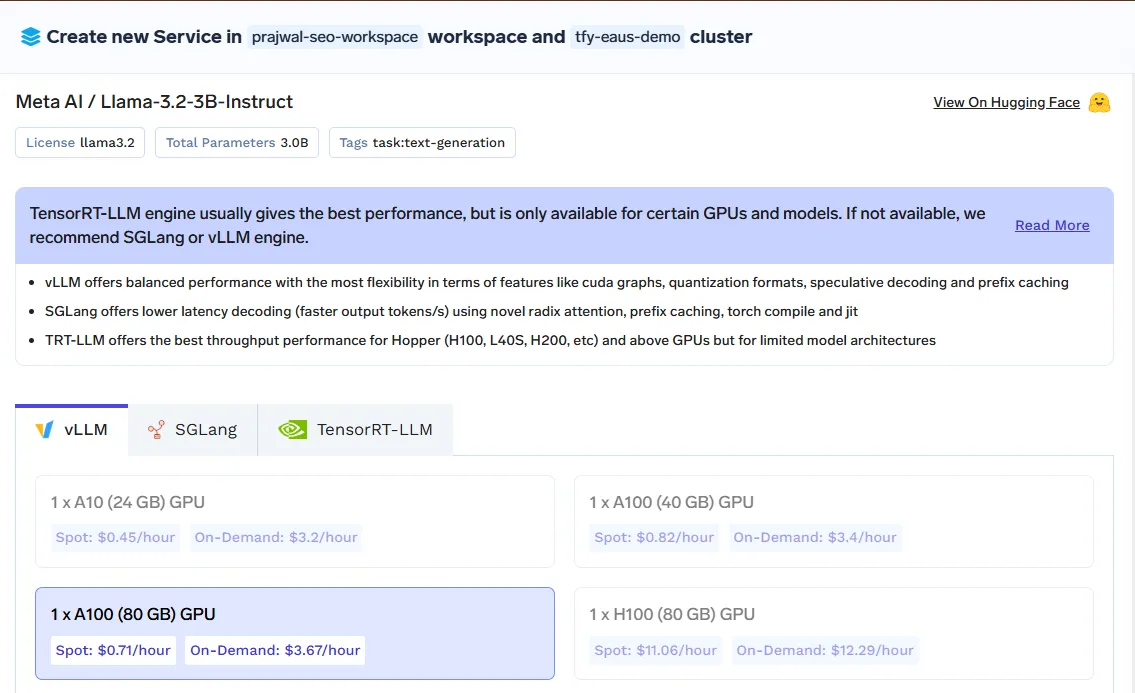 TrueFoundry LLM inference deployment UI with vLLM, SGLang, TensorRT-LLM and GPU scaling options