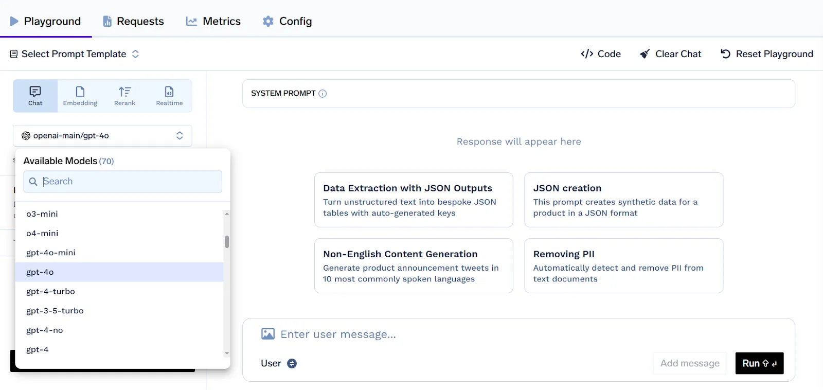 Truefoundry AI Gateway playground UI with GPT-4o model selection, prompt templates, and LLM routing interface
