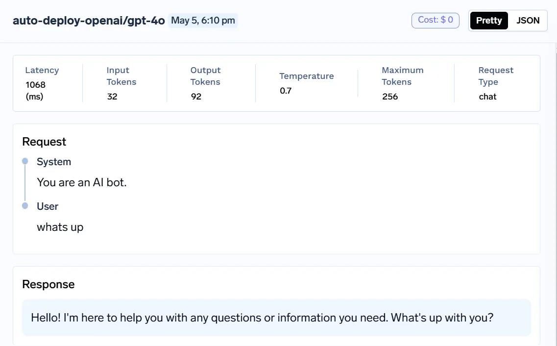 LLM observability dashboard showing latency, token usage, request logs, and response monitoring in AI inference pipeline