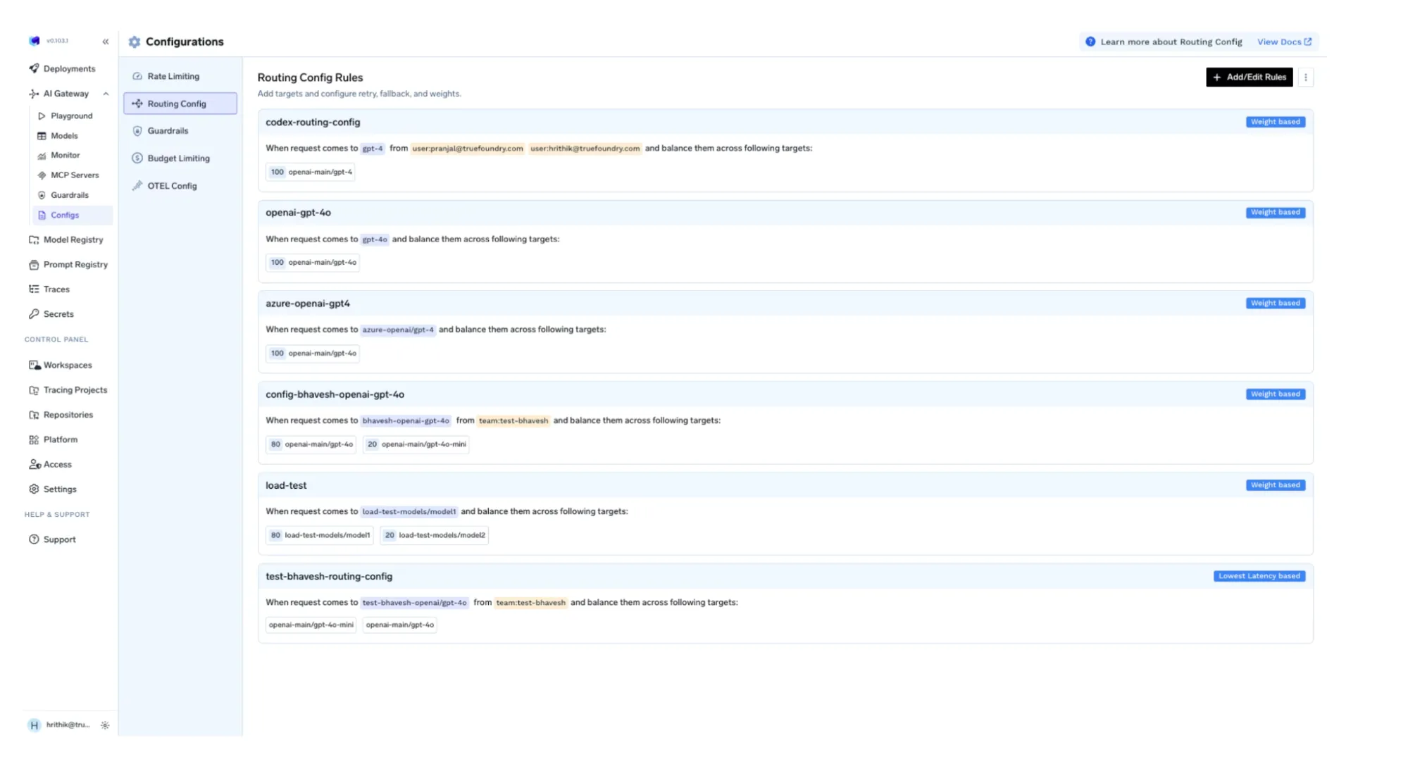 AI gateway routing configuration dashboard showing model routing rules, load balancing targets, and weight-based distribution across LLM endpoints.