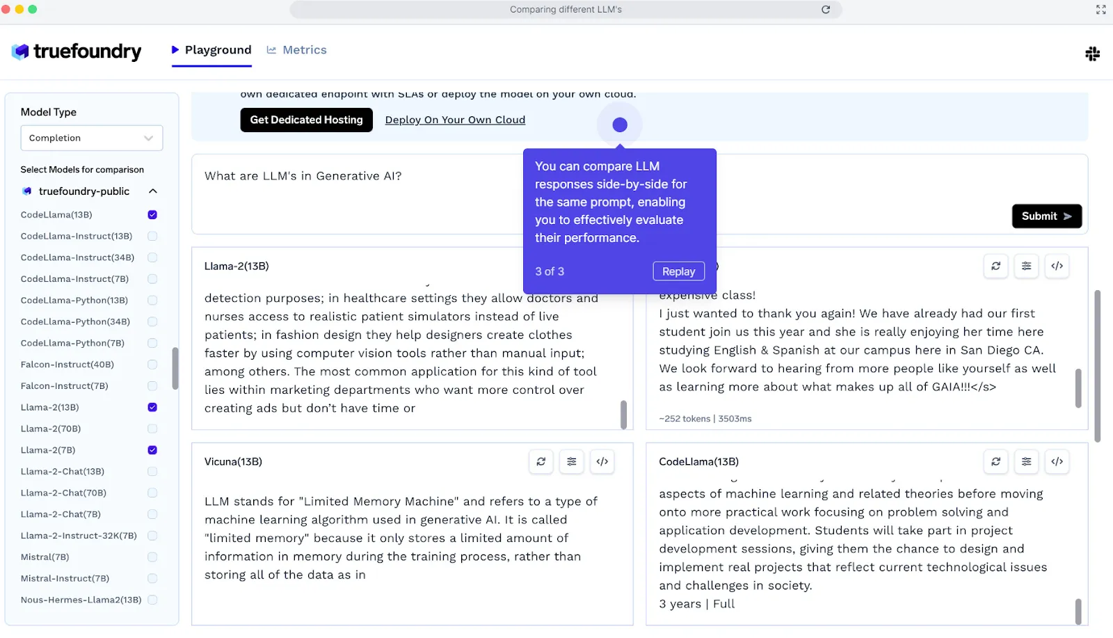 Compare different LLM models on TrueFoundry