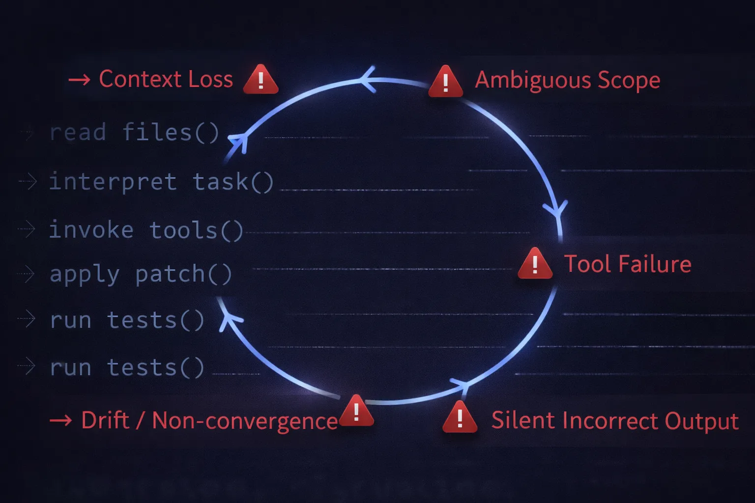 Visual breakdown of common Claude Code workflow failure modes including context loss, hallucinated changes, and poor reproducibility