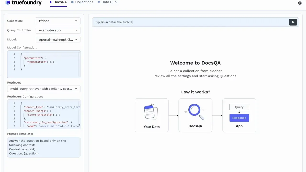 TrueFoundry DocsQA interface showing RAG pipeline with document retrieval, embeddings, and LLM query processing