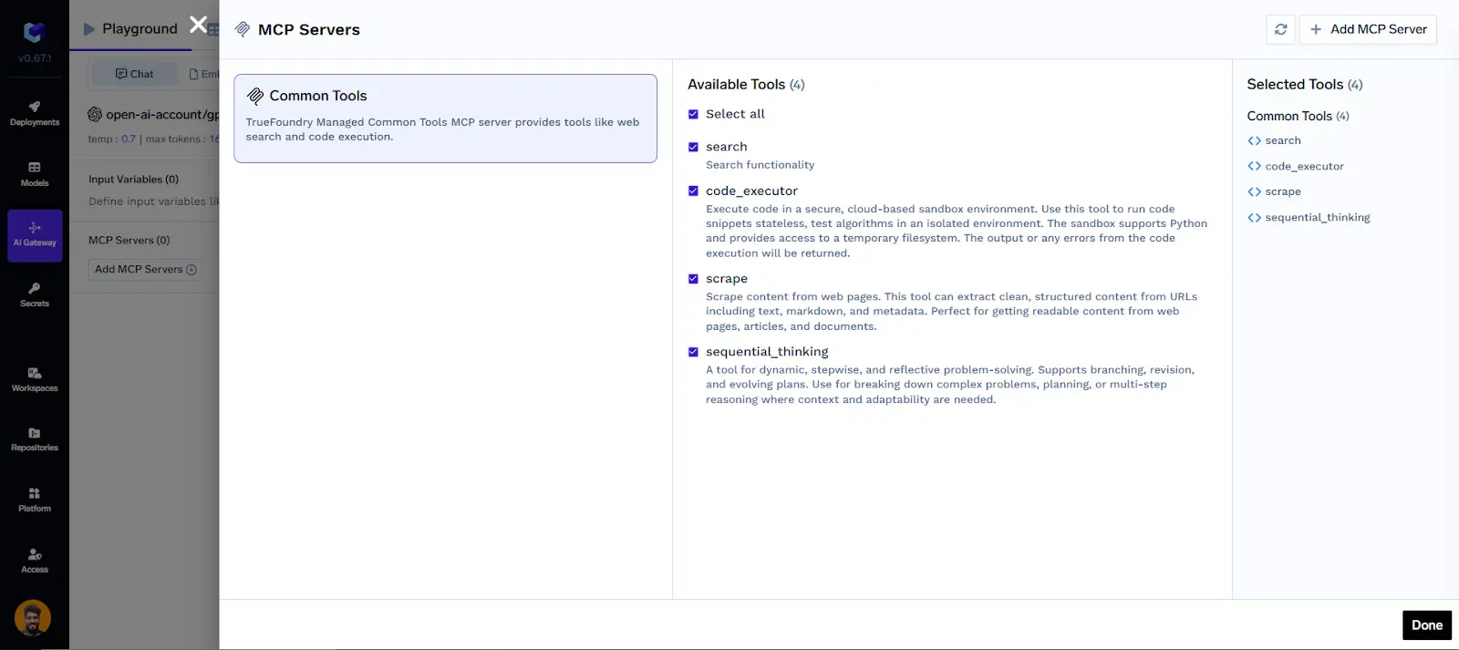 TrueFoundry MCP Gateway UI showing tool selection for live data access including search, code execution, and web scraping